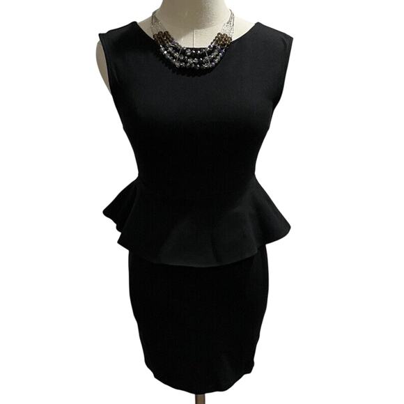 Alice + Olivia Black Drury Petal Round Neck Peplum Sheath Zip Closure Work Dress - Picture 2 of 13
